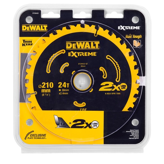 DEWALT Extreme 210 mm circular saw blade with 24 teeth, in packaging. The blade is yellow with black details and is designed for durability and cutting through nails. The packaging displays information about carbide composition, long life, thin kerf, and compatibility. SKU DT20432.
