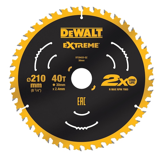 DEWALT Extreme DT20433 210mm circular saw blade with 40 teeth and yellow edge, labeled 2x long life.