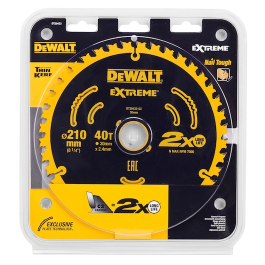 DEWALT DT20433 Extreme saw blade for photography, packaged in a clear plastic case. The blade is yellow with 40 teeth, 210 mm diameter, 30 mm bore, and 2.4 mm thickness. Features include thin kerf, C3 carbide, exclusive plate technology, 2x long life, and up to 7000 RPM maximum. Suitable for nail tough applications.