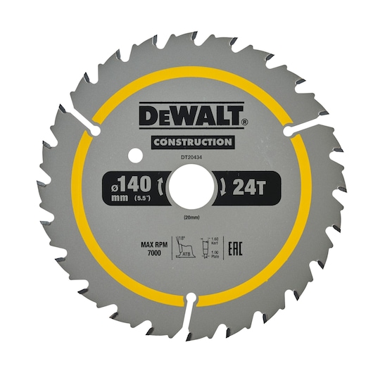 A DEWALT circular saw blade, model DT20434, 140 mm (5.5 inches) diameter with 24 teeth, suitable for construction use. The blade has a silver finish with a yellow accent ring and clear labeling of specifications.