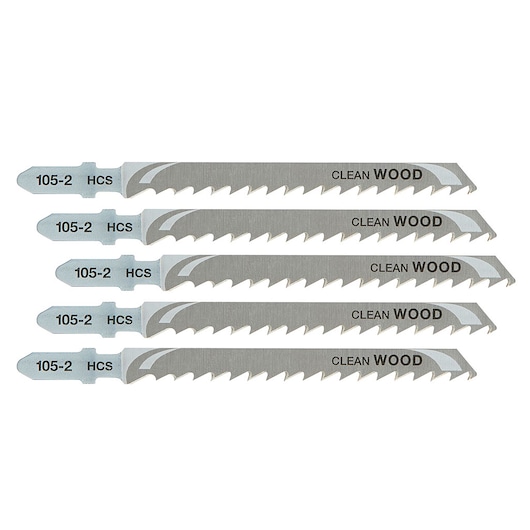 Set of five DEWALT jigsaw blades labeled for clean wood cutting, model 105-2 HCS, arranged side by side.