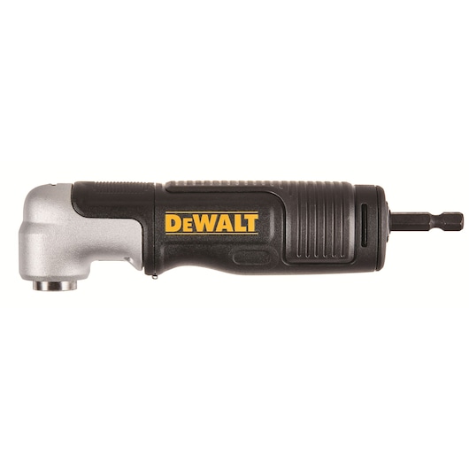 A DEWALT right angle attachment for drills, featuring a black and silver design with a DEWALT logo in yellow on the side.