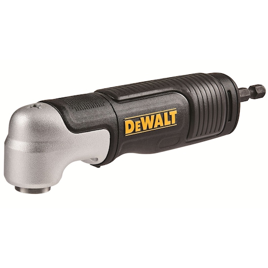 DEWALT right angle attachment tool with a black and silver design, featuring a hex drive and ergonomic grip.