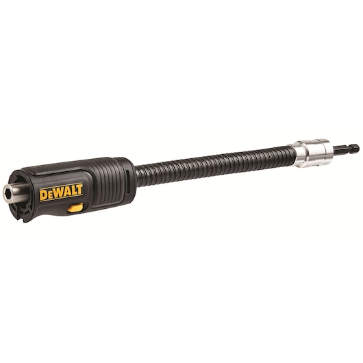 A flexible black DEWALT branded drill bit extension shaft with a metallic tip and a yellow DEWALT logo on the handle.