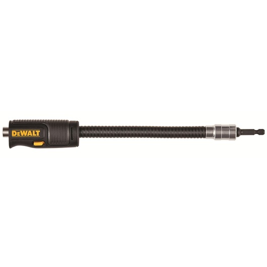 A DEWALT flexible shaft screwdriver bit holder with a black and yellow handle, designed for accessing hard-to-reach areas.