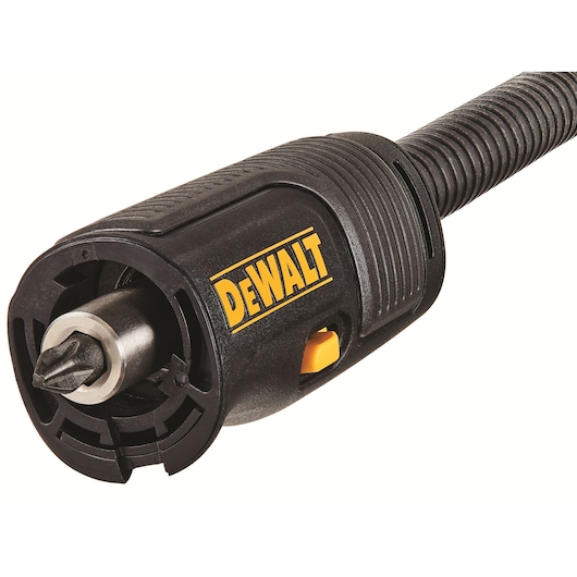 Close-up image of a DEWALT branded power tool attachment, featuring a black body and yellow logo. The attachment has a bit installed in the front.