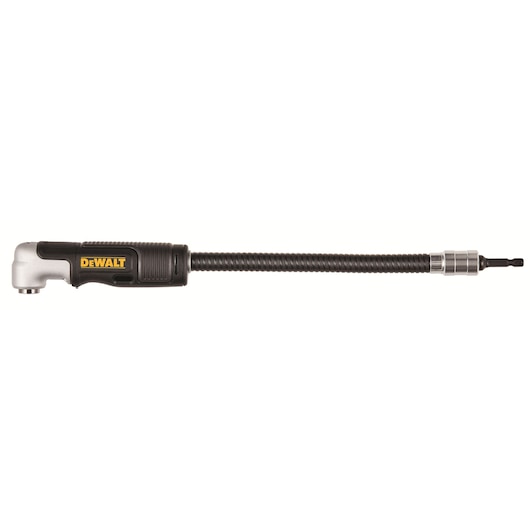 A DEWALT right angle flexible shaft attachment, black with a metal connector, designed for use with drills to access tight or hard-to-reach spaces.