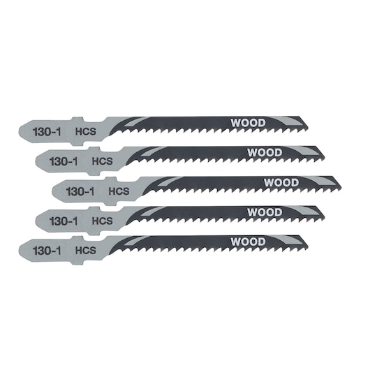 Set of five DEWALT DT2050 jigsaw blades, labeled '130-1 HCS' and 'WOOD', designed for cutting wood.