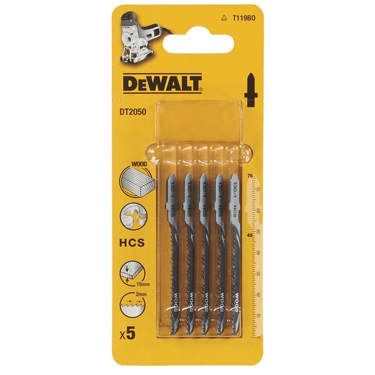 Pack of five DEWALT DT2050 HCS jigsaw blades for wood, shown in yellow packaging with product details and diagrams.