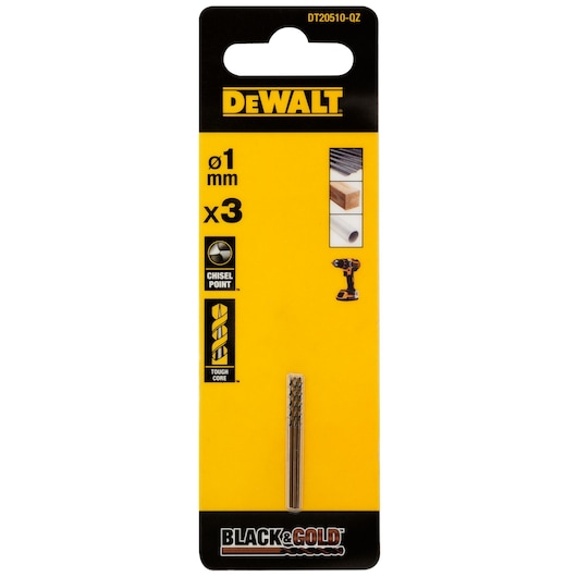 Package of three DEWALT Black & Gold drill bits, 1mm diameter, with chisel point and tough core, suitable for wood, metal, and plastic. The package is yellow and black, featuring product illustrations and specifications.
