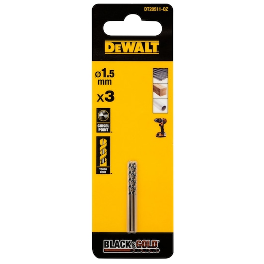 DEWALT BLACK & GOLD DT20511-QZ package containing three 1.5mm chisel point drill bits with tough core, suitable for wood, metal, and plastic surfaces.