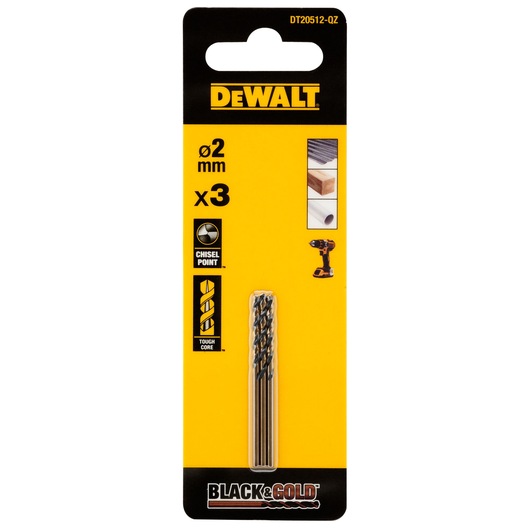 Package of three DEWALT Black & Gold drill bits, 2 mm diameter, model DT20512, designed for use with various materials including wood, metal, and plastic. The packaging is yellow and black with product features highlighted.
