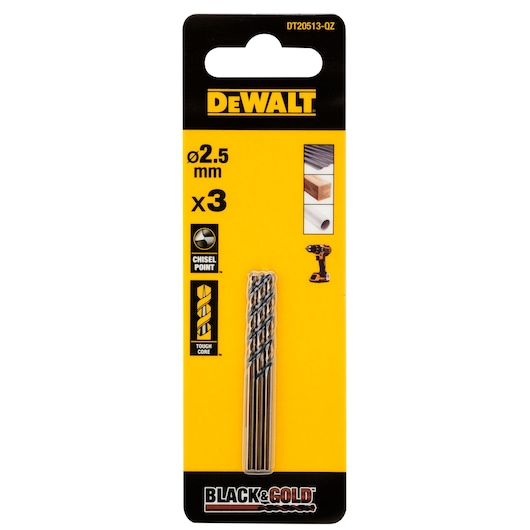 Pack of three DEWALT Black & Gold drill bits with a diameter of 2.5 mm, suitable for drilling into wood and metal. The packaging features product information, icons representing chisel point and tough core, and an image of the drill bits.