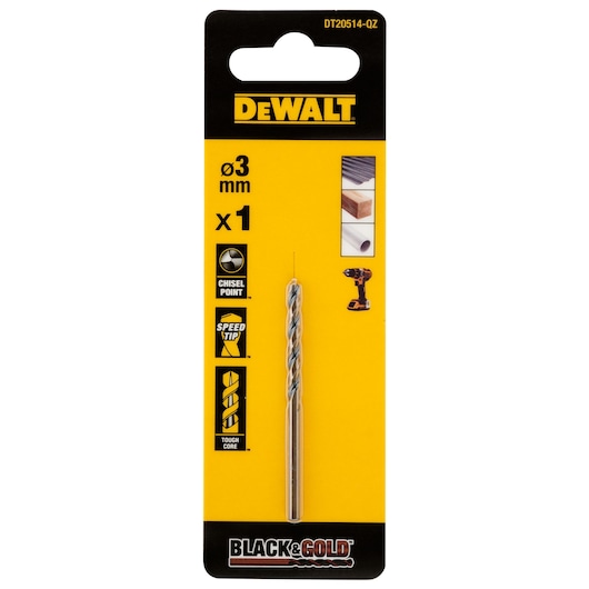 Packaging of a DEWALT Black & Gold drill bit, model DT20514, featuring a 3 mm diameter. The packaging highlights features such as chisel point, speed tip, and tough core, and includes symbols showing suitability for drilling metal, wood, and plastic.