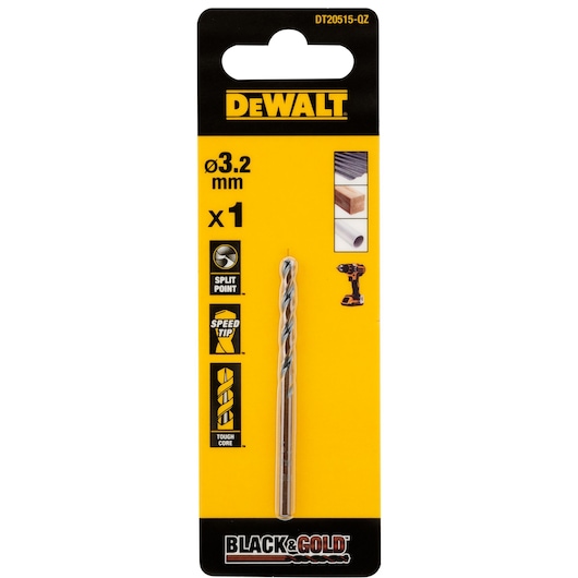 DEWALT DT20515 3.2mm drill bit, single pack, Black & Gold series, for wood, metal, and plastic.