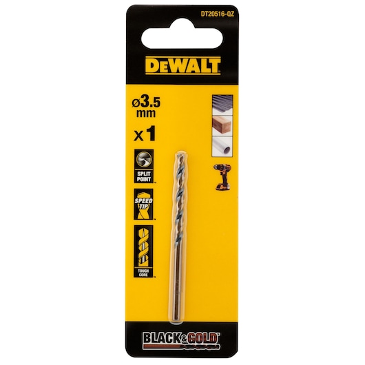 A packaged DEWALT Black & Gold drill bit, model DT20516, 3.5 mm size. The packaging is yellow and black, highlighting product features such as split point, speed tip, and tough core. The package shows the bit is suitable for wood, metal, and plastic, and includes one drill bit.