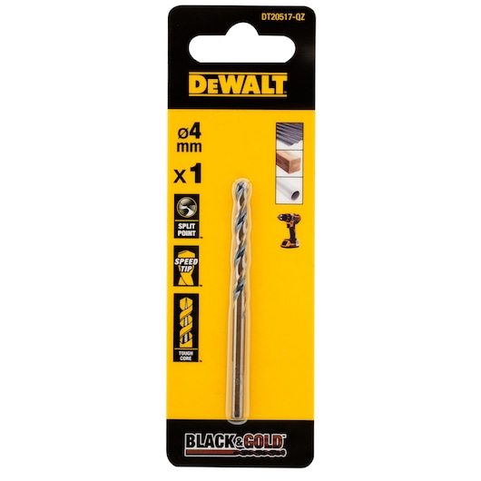 DEWALT Black & Gold 4mm drill bit in retail packaging. The package shows features such as split point, speed tip, tough core, and indicates use on wood and metal materials. SKU: DT20517.
