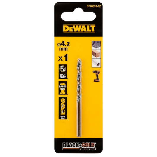 DEWALT 4.2mm drill bit in yellow packaging, suitable for wood, metal, plastic. Split point, speed tip, tough core.