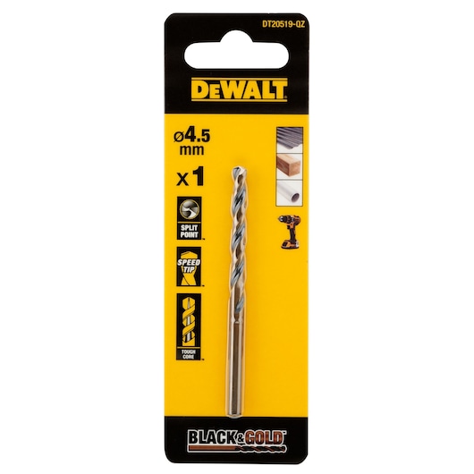 A package containing a DEWALT Black & Gold drill bit, with a diameter of 4.5 mm. The packaging is yellow and black, featuring icons and text describing its split point, speed tip, and tough core. The drill bit is intended for use with a drill and suitable for materials such as metal, wood, and plastic.