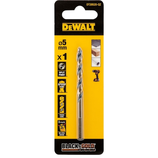 DEWALT DT20520 Black & Gold drill bit, 5mm size, packaged in yellow and black card with product features such as split point tip, speed tip, tough core and no spin shank, suitable for various materials.
