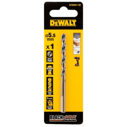 DEWALT DT20521 Black & Gold 5.5mm drill bit in retail packaging, showing features such as split point, speed tip, tough core, and 3-flats no spin shank, intended for use with wood, metal, and plastic.