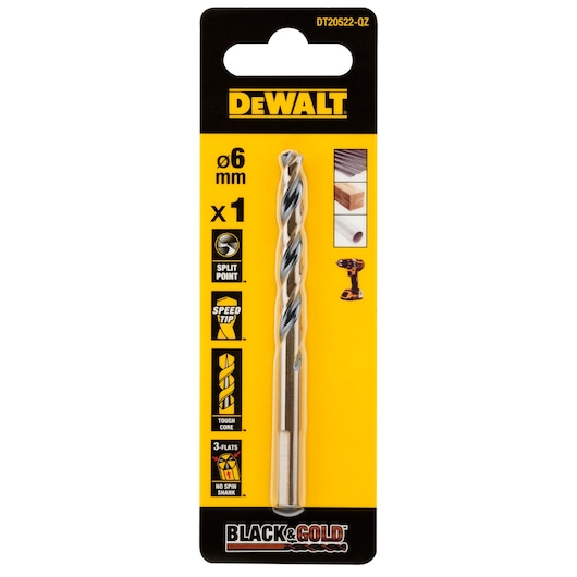 DEWALT DT20522 Black & Gold drill bit in retail packaging. The bit is 6 mm in diameter, designed for use in wood, metal, and plastic, featuring split point, speed tip, tough core, and 3-flats no spin shank.