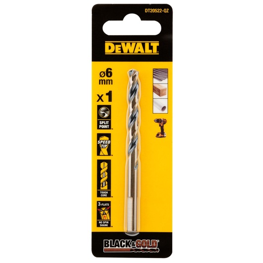 A DEWALT Black & Gold 6mm drill bit in retail packaging. The package highlights features such as split point, speed tip, tough core, and a no-spin shank with 3 flat sides. The packaging uses yellow and black colors and shows the drill bit is suitable for materials like wood, metal, and plastic.