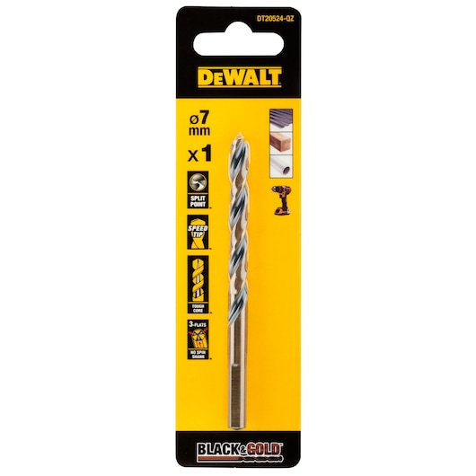 DEWALT Black & Gold drill bit, 7mm diameter, single piece, packaged on a yellow and black backing card. Features include split point tip, speed tip, tough core, and no spin shank with 3 flats. Designed for use with drill drivers and suitable for wood, metal, and plastic.