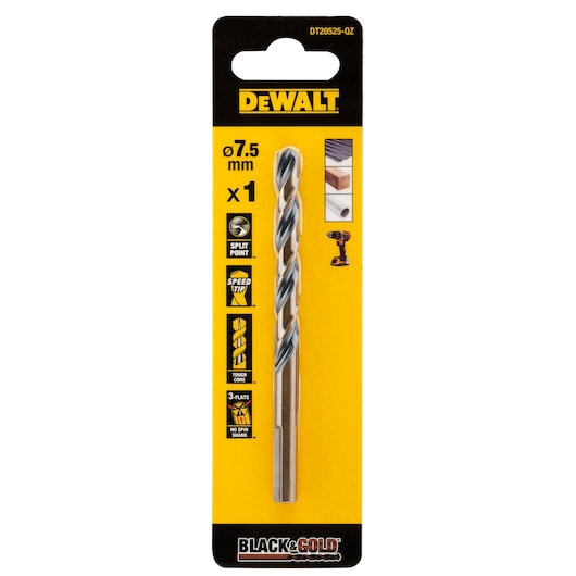 DEWALT Black & Gold drill bit, 7.5 mm diameter, single piece, DT20525 SKU. The product is packaged in yellow and black branding, featuring icons for split point, speed tip, tough core, and 3-flats no spin shank.