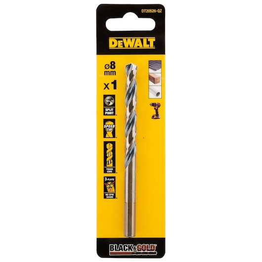 DEWALT DT20526 Black & Gold drill bit in 8mm size, packaged in a yellow and black blister pack showing product features like split point, speed tip, tough core, and 3-flats no spin shank. The packaging includes an image of the drill bit and icons for usage in different materials.