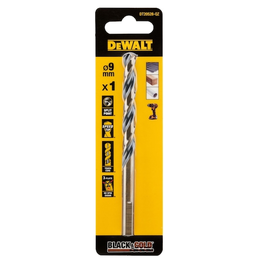 DEWALT Black & Gold 9mm drill bit in retail packaging. The package shows features such as split point, speed tip, tough core, and no spin shank. The packaging is black and yellow with product code DT20528.
