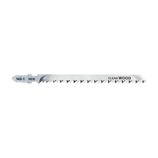 A DEWALT DT2052 jigsaw blade designed for clean wood cutting, with visible teeth and markings indicating '143-1 HCS' and 'CLEAN WOOD'.