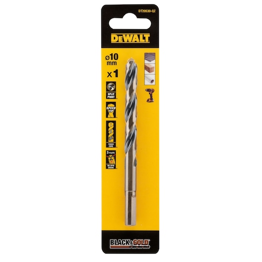 DEWALT DT20530 Black & Gold drill bit, 10 mm size, packaged in a yellow and black blister pack. Features include split point, speed tip, tough core, and 3-flats no spin shank. The packaging shows the drill bit and icons indicating its features.