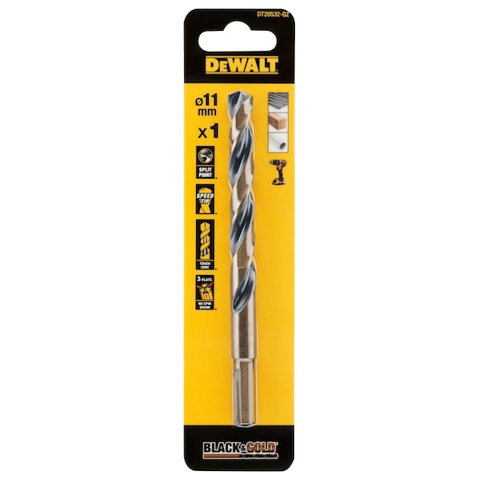Packaging of a DEWALT DT20532 Black & Gold drill bit, 11mm diameter, showing the drill bit and highlighting features such as split point, speed tip, tough core, and 3-flat no spin shank, intended for use with power tools.