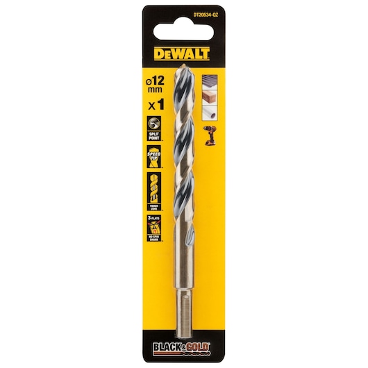 DEWALT DT20534 Black & Gold drill bit, 12mm size, packaged, with main features shown on the yellow and black branded card.