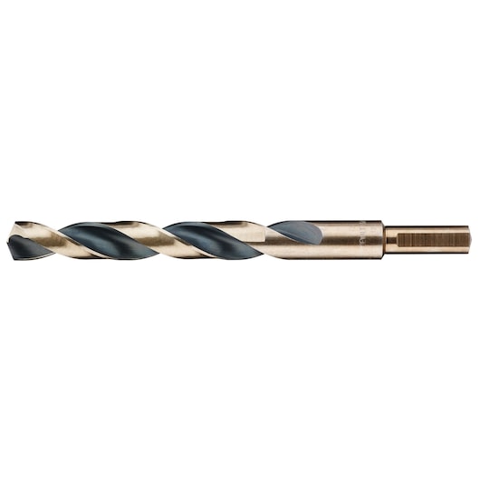 A close-up image of a DEWALT metal drill bit with a hexagonal shank, showing its spiral fluted design on a white background.
