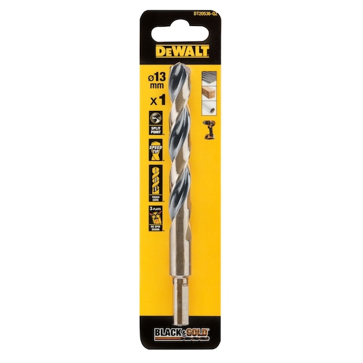 Packaged DEWALT Black & Gold drill bit, 13 mm size, model DT20536, suitable for use in wood and metal, shown in yellow and black branded packaging.