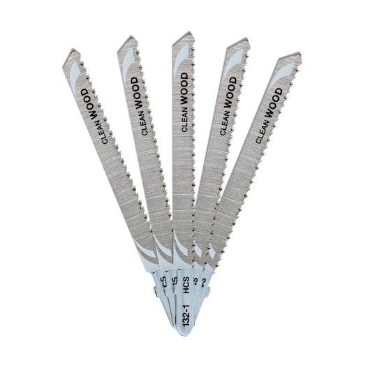Five DEWALT jigsaw blades for clean wood cutting, arranged in a fan shape, silver color.