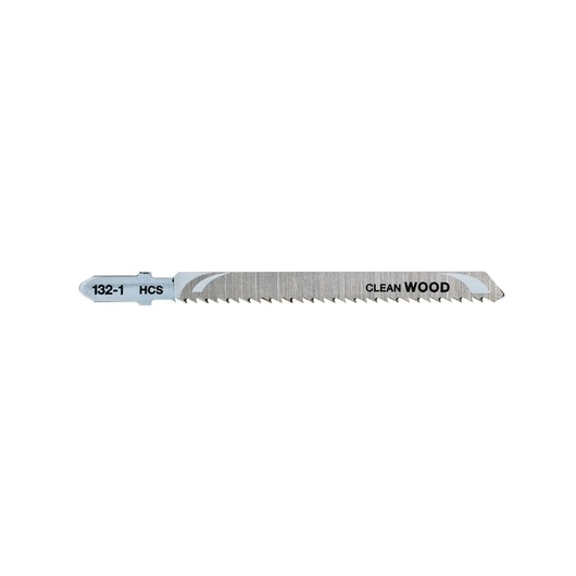 DEWALT DT2053 jigsaw blade for clean wood cutting, silver, with fine teeth and product markings.