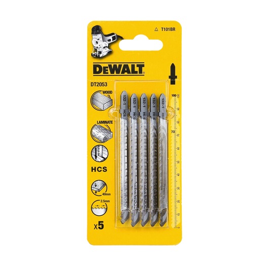 DEWALT DT2053 pack of 5 jigsaw blades for cutting wood and laminate, shown in yellow retail packaging.
