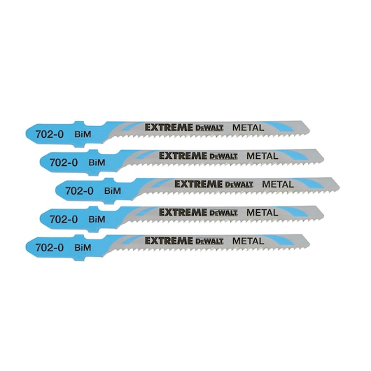 Set of five DEWALT Extreme metal jigsaw blades, labeled 702-0 BiM, designed for cutting metal.