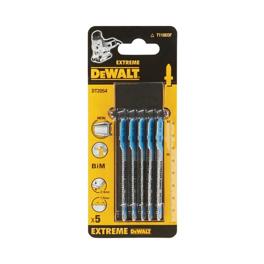 Pack of 5 DEWALT Extreme DT2054 jigsaw blades for metal, visible in yellow and black packaging with product information and illustrations showing compatibility with metal, Bi-M material and thickness details.