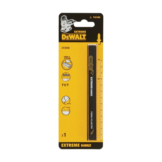 Packaged DEWALT DT2056 Extreme Series jigsaw blade for fibre and plaster, featuring TCT teeth and specifications for 65mm cutting length and 4.3mm thickness. The packaging is yellow and black with product details and a ruler scale printed on the side.