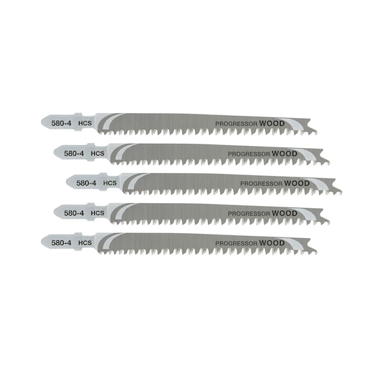 Set of five DEWALT jigsaw blades for wood, marked 580-4 HCS Progressor Wood, arranged horizontally.