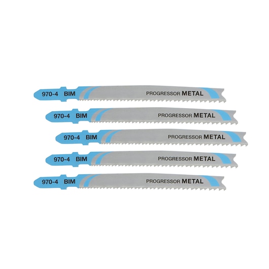 Set of five DEWALT metal jigsaw blades with blue accents, labeled 970-4 BIM Progressor Metal.