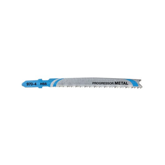 A DEWALT metal jigsaw blade with blue and silver design, labeled 'PROGRESSOR METAL' and '970-4 HSS'.