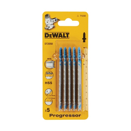 DEWALT DT2058 Progressor pack with five metal jigsaw blades, HSS, yellow packaging for cutting applications.