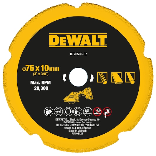 DEWALT DT20590-QZ circular saw blade, 76 x 10 mm (3" x 3/8"), maximum RPM 20,300. The blade has a yellow edge and black center, with icons indicating its usage for cutting pipes and building materials. Safety symbols for protective equipment and limitations are displayed, along with manufacturer information.