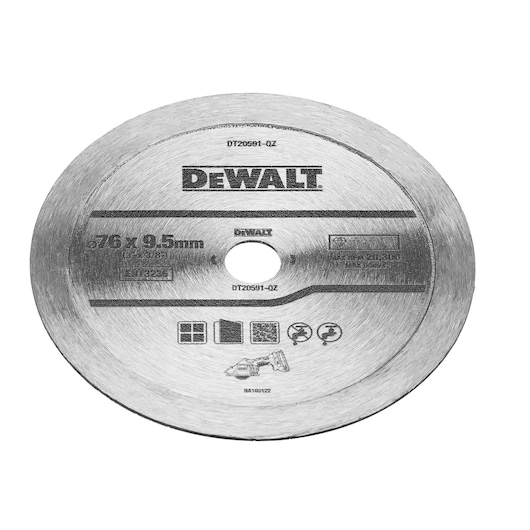 DEWALT DT20591 circular saw blade, silver color, diameter 76 mm and thickness 9.5 mm, suitable for cutting materials. The blade features product information and safety icons printed on its surface.