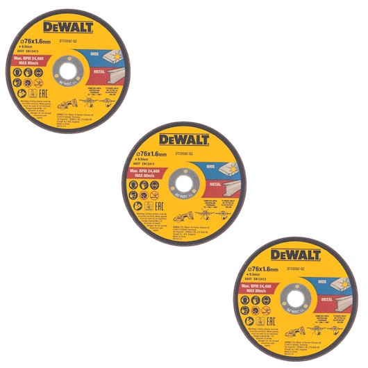 Three DEWALT DT20592-QZ metal cutting discs for angle grinders, each labeled with specifications such as diameter 76mm, thickness 1.6mm, suitable for cutting metal and stainless steel (INOX), shown with yellow and black design and safety icons.
